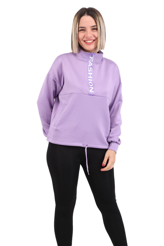 Half Zippered Scuba Fabric Sweat with Pockets 3456 | Purple - Thumbnail