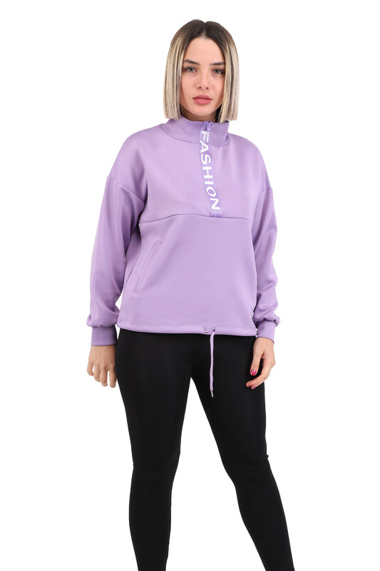 Half Zippered Scuba Fabric Sweat with Pockets 3456 | Purple - Thumbnail