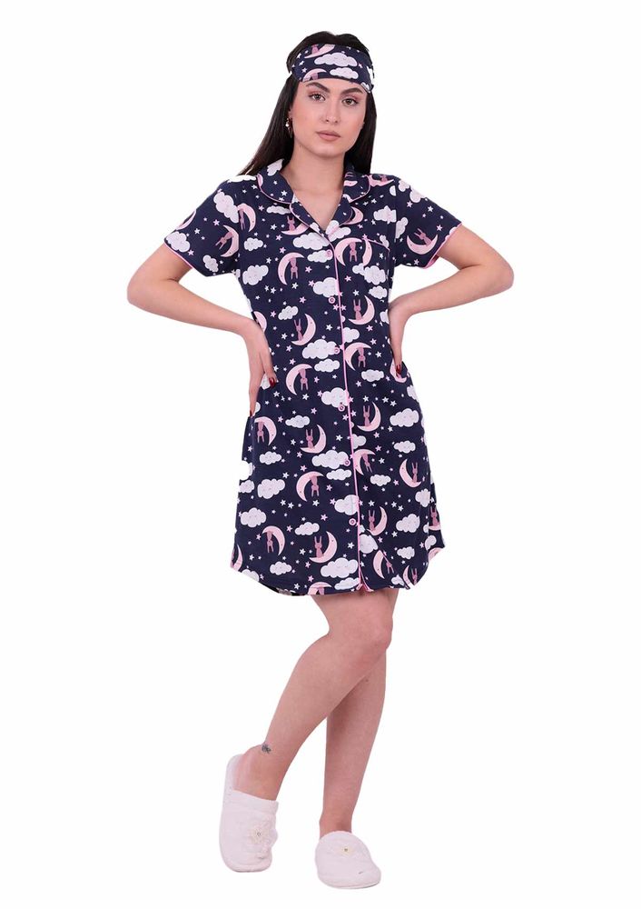 Snc Bulut Desenli Düğmeli Gecelik 8017 | Lacivert