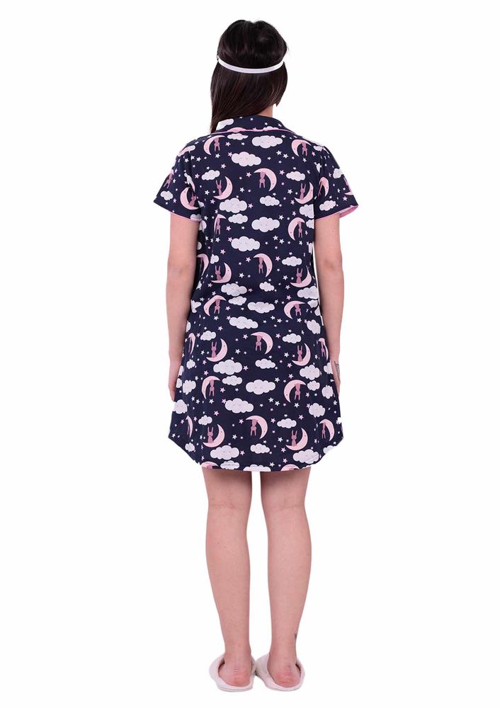Snc Bulut Desenli Düğmeli Gecelik 8017 | Lacivert