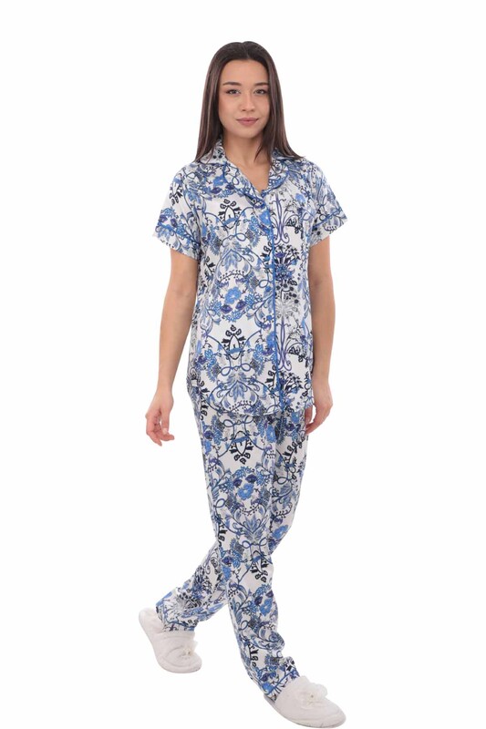 Aydoğan Patterned Poplin Shirt Pajama Set 14034 | Blue - Thumbnail