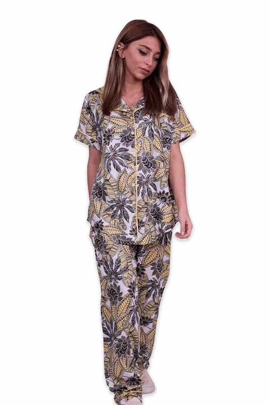 Aydoğan Patterned Poplin Shirt Woman Pajama Set 14035 | Yellow - Thumbnail