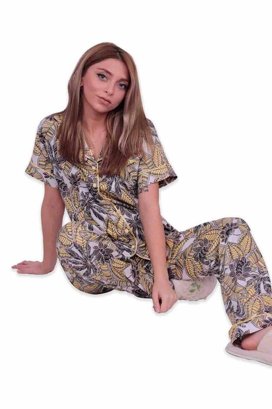 Aydoğan Patterned Poplin Shirt Woman Pajama Set 14035 | Yellow - Thumbnail