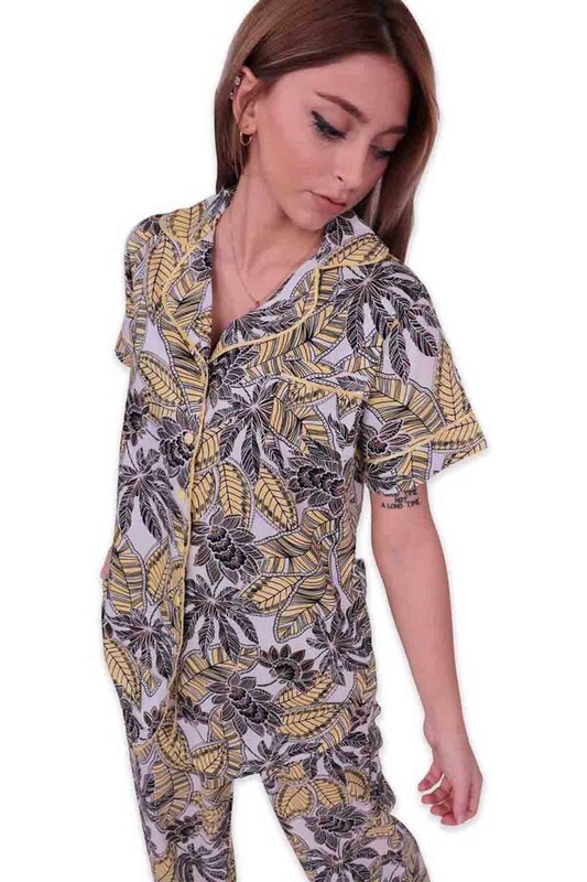 Aydoğan Patterned Poplin Shirt Woman Pajama Set 14035 | Yellow - Thumbnail