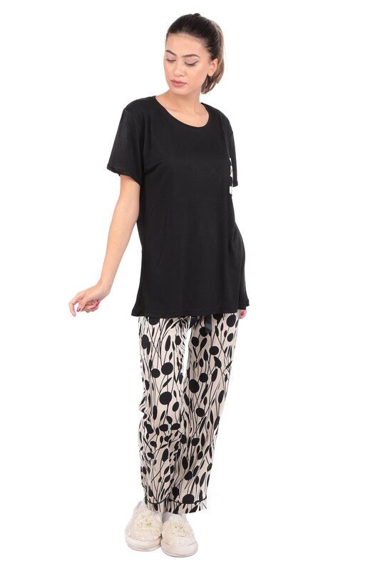 Aydoğan Printed Poplin Short Sleeved Pajama Set 9012 | Black - Thumbnail