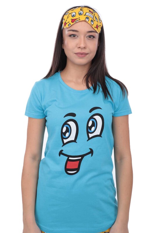 Calimera Emoji Printed Short Sleeved Pajama Set with Sleeping Mask 2649 | Blue - Thumbnail