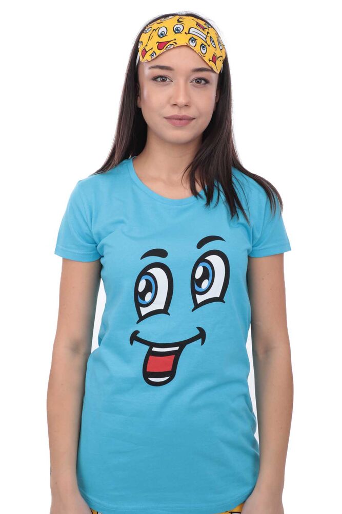 Calimera Emoji Printed Short Sleeved Pajama Set with Sleeping Mask 2649 | Blue