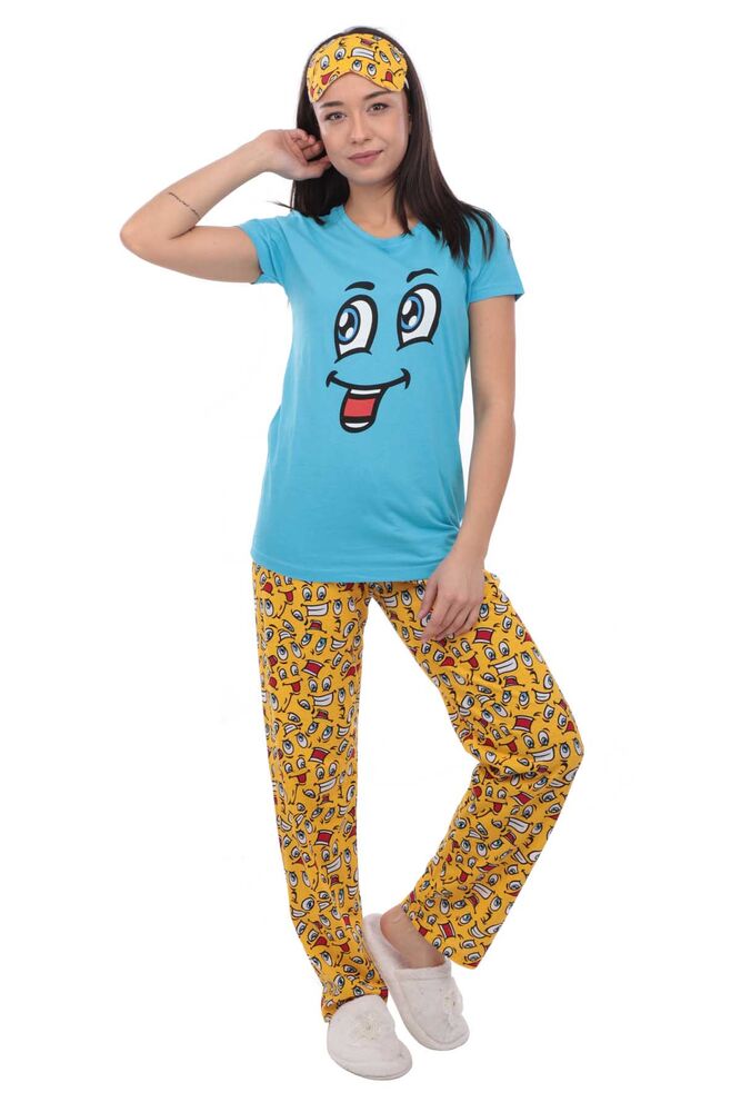 Calimera Emoji Printed Short Sleeved Pajama Set with Sleeping Mask 2649 | Blue