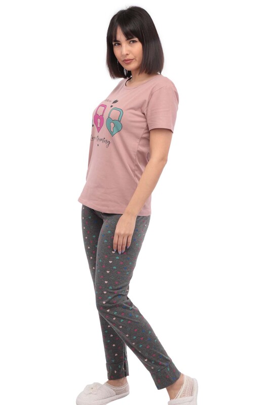 Sude Key Printed Short Sleeved Pajama Set 2923 | Dusty Rose - Thumbnail