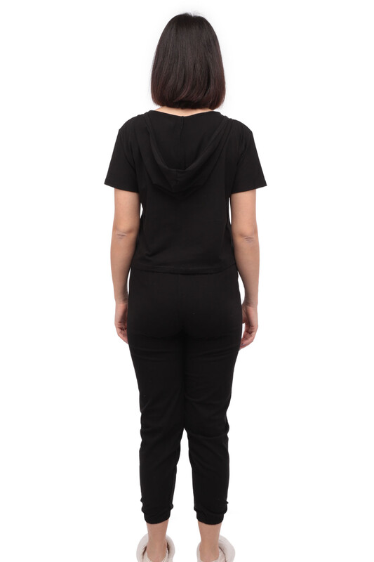 Sude Short Sleeved Hooded Pajama Set 2015 | Black - Thumbnail