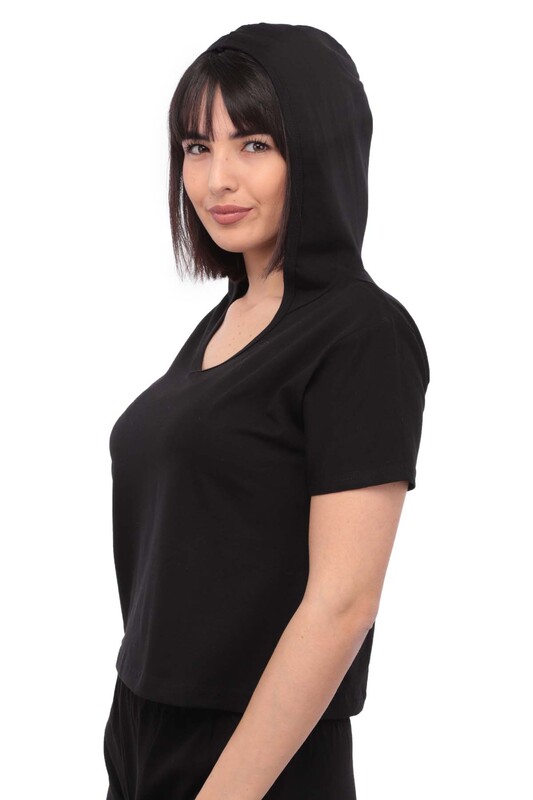 Sude Short Sleeved Hooded Pajama Set 2015 | Black - Thumbnail