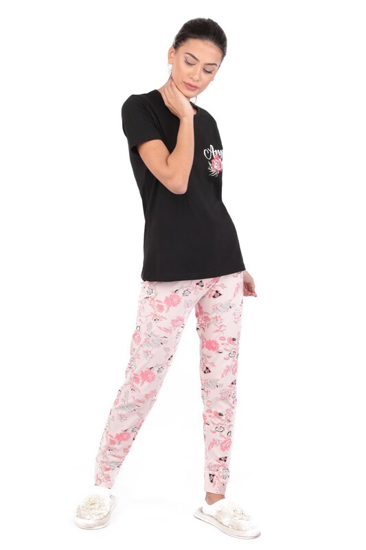 Sude Amour Printed Short Sleeved Pajama Set | Black - Thumbnail