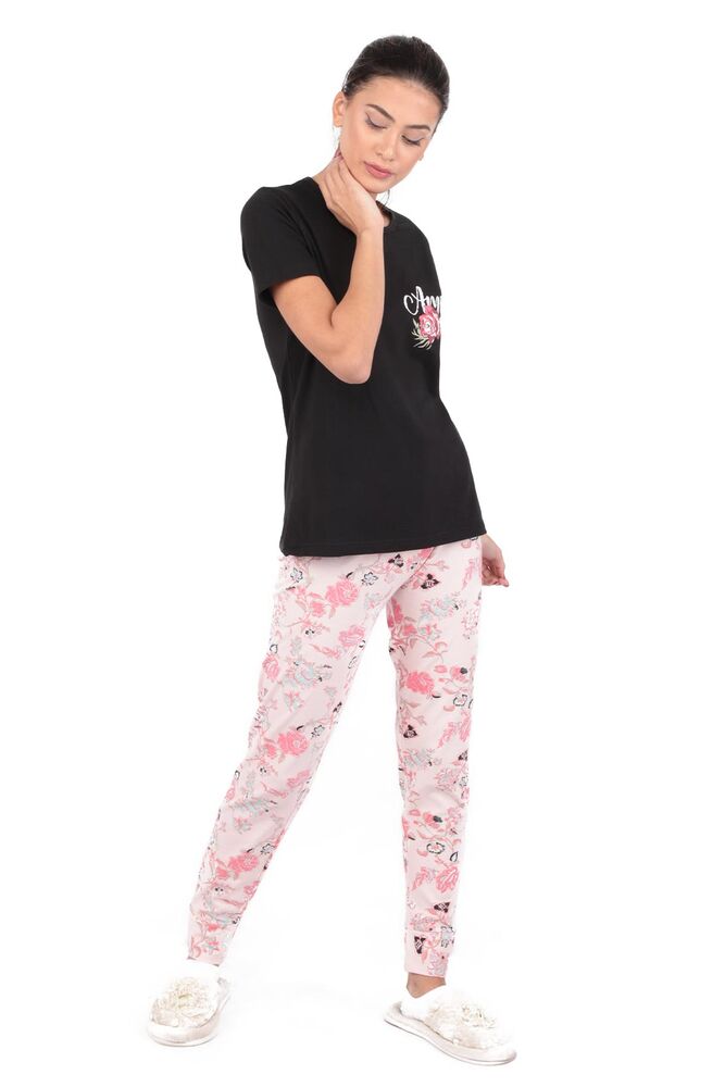 Sude Amour Printed Short Sleeved Pajama Set | Black